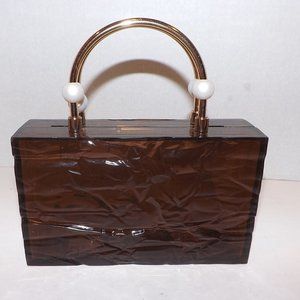 ZARA Mini Box Brown Textured Lucite & Pearl Convertible Clutch Purse